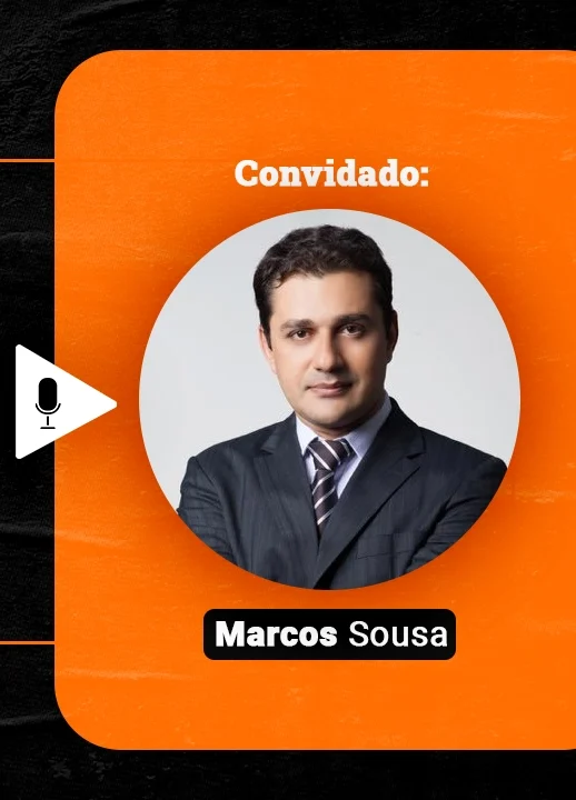 Podcast Papo de Vendedor episódio cinco. Imagem nas cores laranja e preta, com a foto do convidado Marcos Sousa, à direita,e o título do episódio, à esquerda, PNL em Vendas! Ganhando a confiança do cliente com técnicas de RAPPORT!