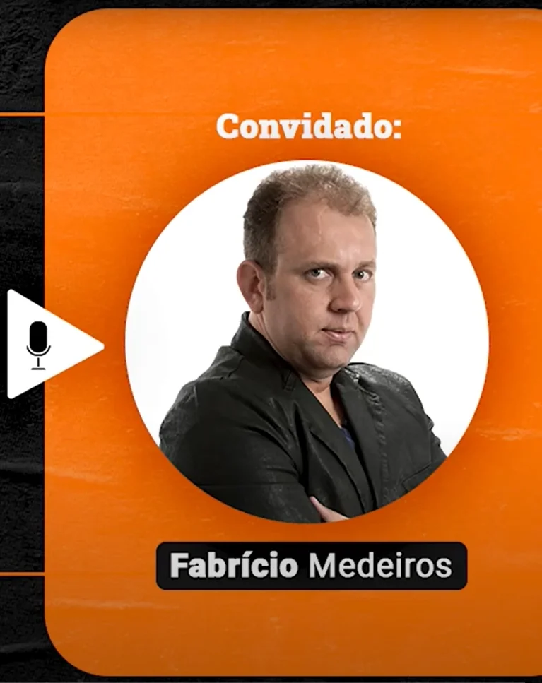 Capa do Podcast Papo de Vendedor episódio oito, Imagem nas cores laranja e preta, com a foto do convidado, Fabrício Medeiros, à esquerda, e o título, Negociação: Como Negociar para VENDER e não para vencer, à esquerda da imagem.   