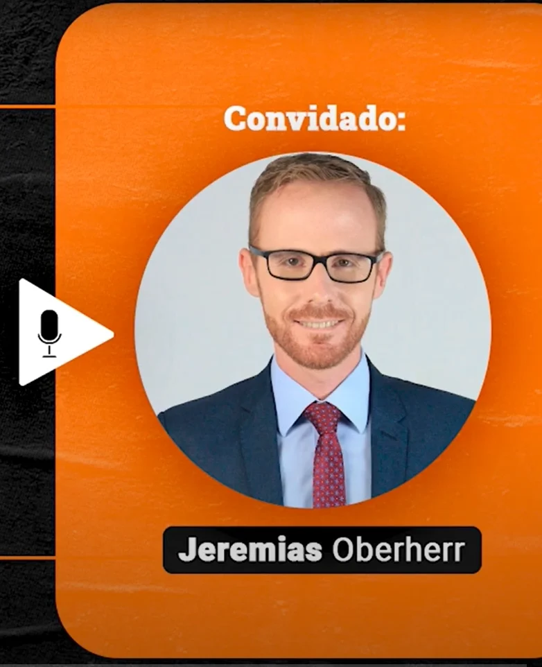 Podcast Papo de Vendedor episódio nove. Imagem nas cores laranja e preta, com a foto do convidado, Jeremias Oberherr, à esquerda, e o título, Chegou a hora do Fechamento da Venda, à esquerda.