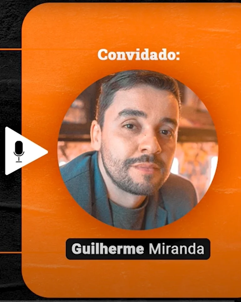 Podcast Papo de Vendedor episódio 13. Imagem nas cores laranja e preta, com a foto do convidado, Guilherme Miranda, à direita, e o título do episódio, à esquerda, SPIN Selling! Investigando as Necessidades do Cliente! feat Guilherme Miranda.