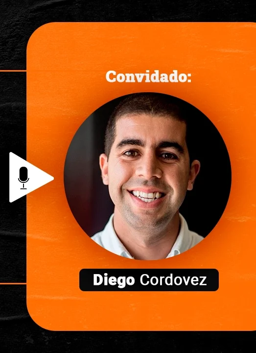 Podcast Papo de Vendedor episódio 15. Imagem nas cores laranja e preta, com a foto do convidado, Diego Cordovez, à direita, e o título do podcast, à esquerda, Processo Comercial! Inside Sales! Processo de Vendas Interno! feat Diego Cordovez & Meetime