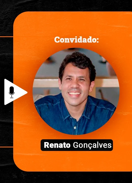 Podcast Papo de Vendedor episódio 16. Imagem nas cores laranja e preta, com a foto do convidado, Renato Gonçalves, à direita, e o título do podcast, à esquerda, Field Sales! Processo de Vendas Externo! feat Renato Gonçalves.