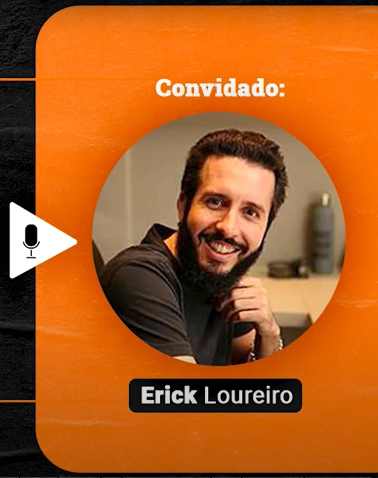 Podcast Papo de Vendedor episódio 18. Imagem nas cores laranja e preta, com a foto do convidado, Erick Loureiro, à direita, e o título do podcast, à esquerda, PNL em Vendas | 3 Técnicas de PNL para Conectar melhor! feat Erick Loureiro & ELLOS.