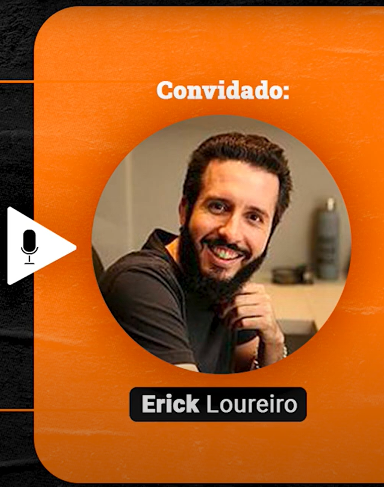 Podcast Papo de Vendedor episódio 19. Imagem nas cores laranja e preta, com a foto do convidado, Erick Loureiro, à direita, e o título do podcast, à esquerda, PNL em Vendas | Desenvolvendo um Estado Mental para Excelência! feat Erick Loureiro