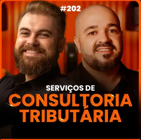 Capa do podcast Papo de Vendedor, com uma textura de cortina laranja ao fundo e a foto do convidado, Giovani Bono, em primeiro plano, ao lado do host, Leandro Munhoz. Abaixo. o título, na cor branca e laranja, Serviços de Consultoria Tributária, sobre como vender consultoria tributária.