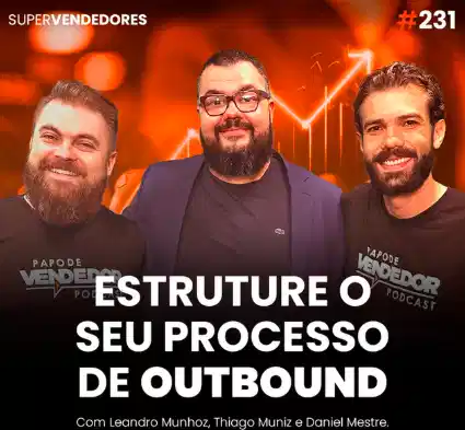 Capa do podcast Papo de Vendedor, com a foto do convidado ao centro, Thiago Muniz, com blazer azul, camisa preta, óculos e barba. Ao fundo, gráficos de crescimento na cor laranja cintilante ao fundo. Ao lado do convidado, os hosts, Leandro Munhoz e Daniel Mestre. Abaixo, o título, Estruture o seu processo de outbound, sobre o método Receita Previsível em Vendas de Aaron Ross.