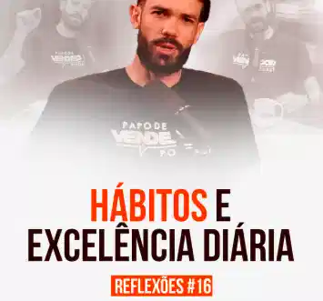 Capa do podcast Papo de Vendedor na cor branca com a foto do host, Daniel Mestre, ao centro. Abaixo, o título, na cor laranja e preta, Hábitos e Excelência Diária, sobre hábitos de alta performance em vendas.