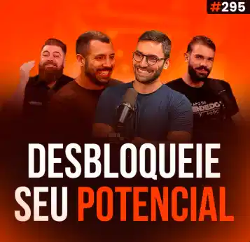 Capa do podcast Papo de Vendedor na cor laranja e a foto dos convidados, Gustavo Gomes e Júlio Paulillo, ao centro. De cada lado, os hosts, Daniel Mestre e Leandro Munhoz. Abaixo, o título, na cor branca e laranja, Desbloqueie seu Potencial, sobre hábitos, hobbies, esportes do vendedor e produtividade pessoal.