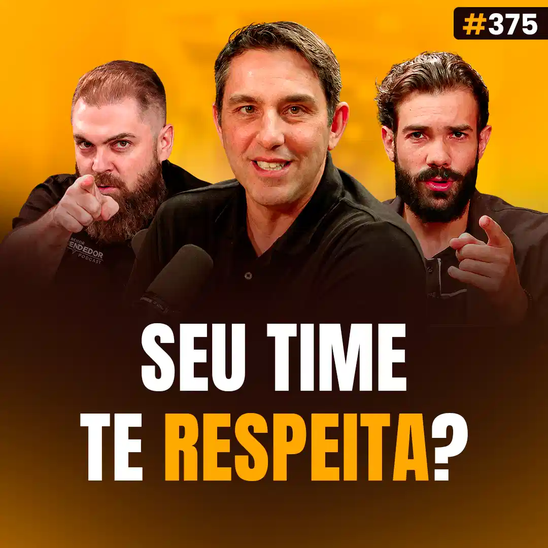 Capa do podcast Papo de Vendedor na cor amarela e a foto do convidado, Rodrigo Bertoncini, VP de Vendas PepsiCo, ao lado dos hosts, Leandro Munhoz e Daniel Mestre. Abaixo, o título da capa "Seu Time Te Respeita?", sobre Como Se Tornar Um Líder Que o Time Respeita e liderança em vendas.