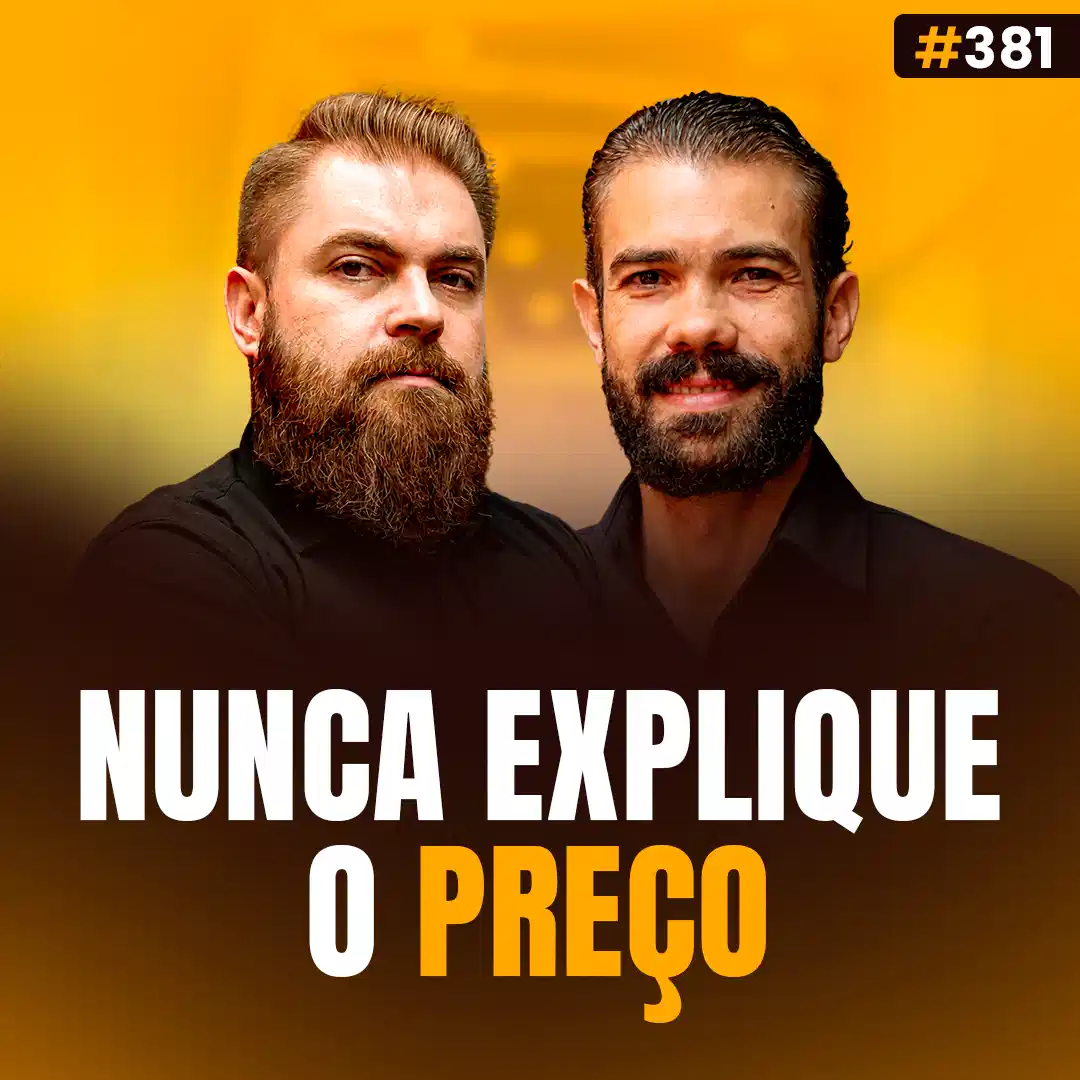 Capa do podcast Papo de Vendedor na cor amarela e a foto dos hosts, Daniel Mestre e Leandro Munhoz ao centro. Abaixo, o título da capa, Nunca Explique o Preço, sobre Como Contornar Objeções em Vendas: O Método que os Super Vendedores Usam!