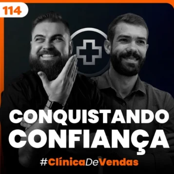 Capa do podcast Papo de Vendedor, com uma cor preta ao fundo e a foto dos apresentadores em primeiro plano. Leandro Munhoz, à esquerda, branco, loiro, cabelos curtos e barba, com o rosto virado para a direita e expressão sorridente. Daniel Mestre, à direita, com o rosto virado para a à esquerda, branco, cabelos curtos e pretos, barba e sorrindo. Abaixo, o título do episódio, na cor branca, Conquistando a confiança do cliente, um episódio do Clínica de Vendas que responde dúvidas dos seguidores e, entre os temas, está "como consquistar a confiança do cliente.