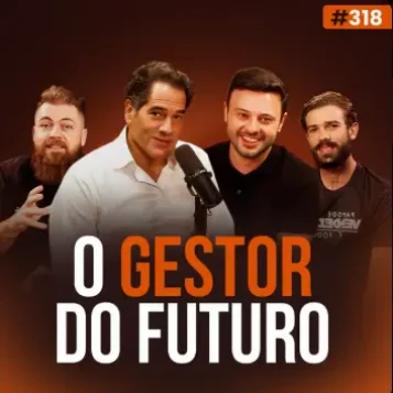 Capa do podcast Papo de Vendedor na cor laranja escura com a foto dos convidados ao centro, Gustavo Brant e Matheus Pagani. Ao lado, os hosts, Daniel Mestre e Leandro Munhoz. Abaixo, o título, na cor laranja e branca, O Gestor do Futuro, sobre o papel do gestor comercial do futuro na era da IA.
