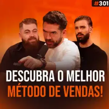 Capa do podcast Papo de Vendedor na cor laranja e a foto do convidado, Gustavo Malavota, ao centro, com camisa branca, moreno, barba e apontando o braço para a frente. De cada lado, os hosts, Daniel Mestre e Leandro Munhoz. Abaixo, na cor branca e laranja, o título, Descubra o melhor método de vendas.