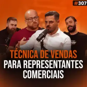 Capa do podcast Papo de Vendedor na cor laranja e a foto dos convidados, Diego Ferreira e Leandro Foscaches, ao centro. De cada lado, os hosts, Daniel Mestre e Leandro Munhoz. Abaixo, o título, Técnicas de vendas para representantes comerciais. Sobre representação comercial na prática.